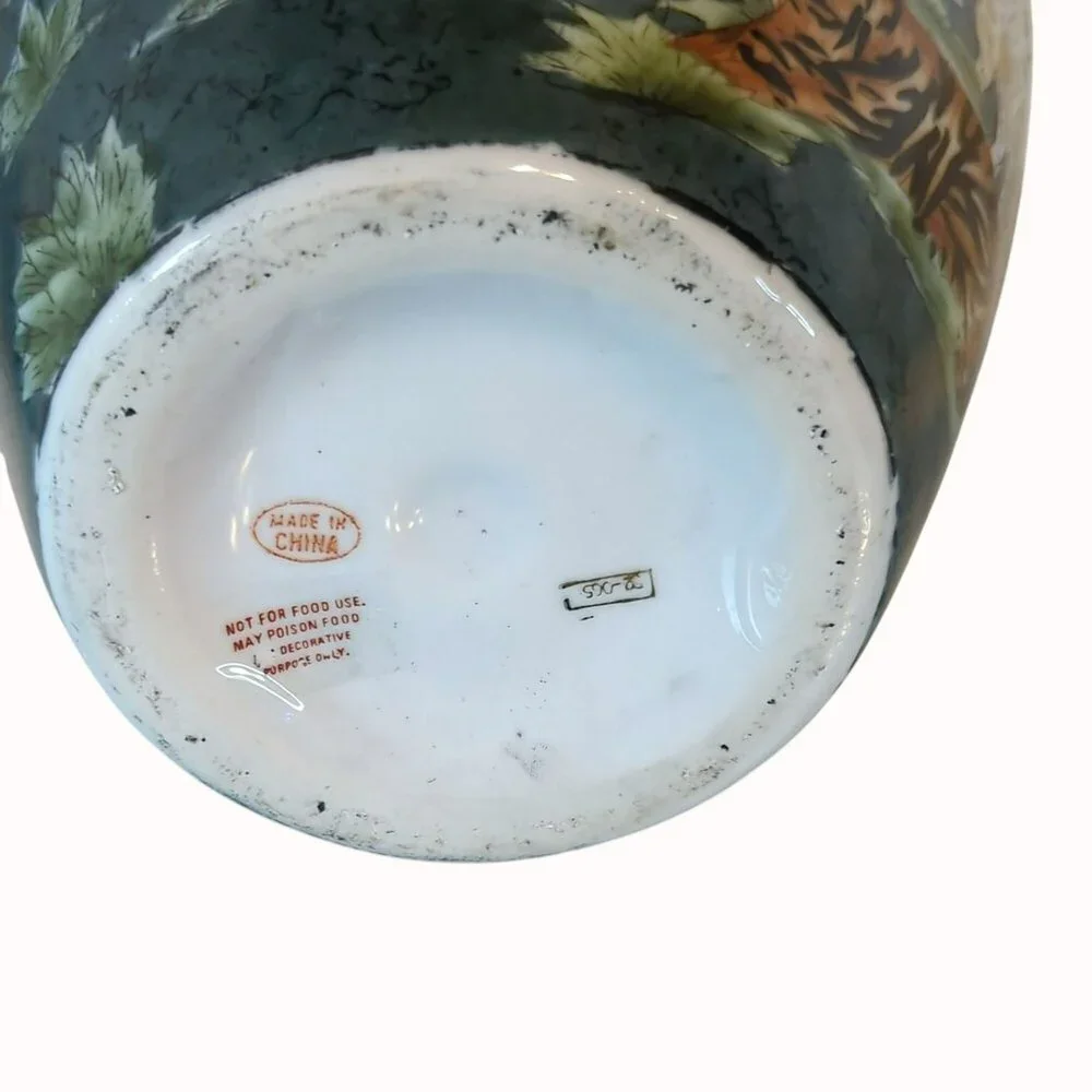 Vintage Hand-Painted Green Ceramic Vase With African Wildlife Safari Animals